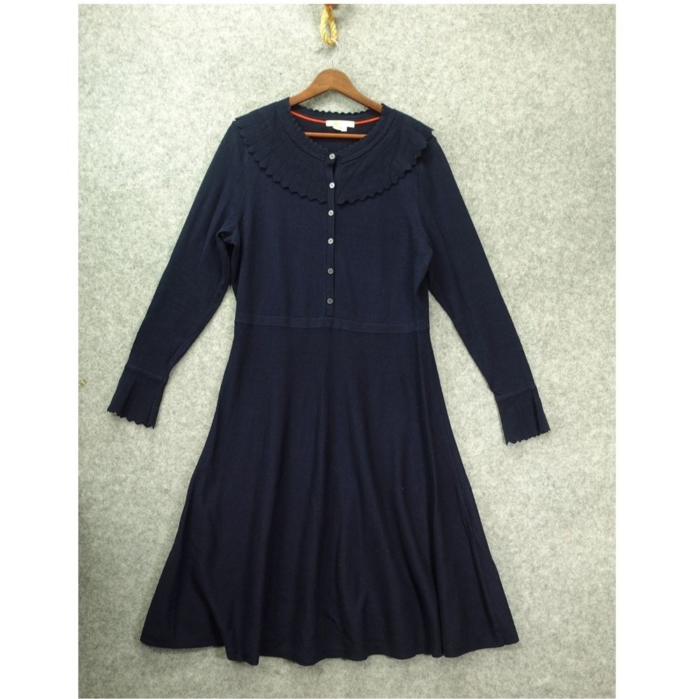 Navy Wool Scallop Dress M Retro Flare Knit Coquette Ruffle Collar Midi Mod Boden